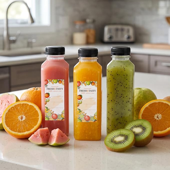 80pcs 16oz Plastic Juice Bottles with Caps, Sticker Labels, Brush | Reusable Empty Juice Bottles with Lids and Labels, Funnel, Brush Beverage Containers for Juicing, Smoothies, Tea, Milk