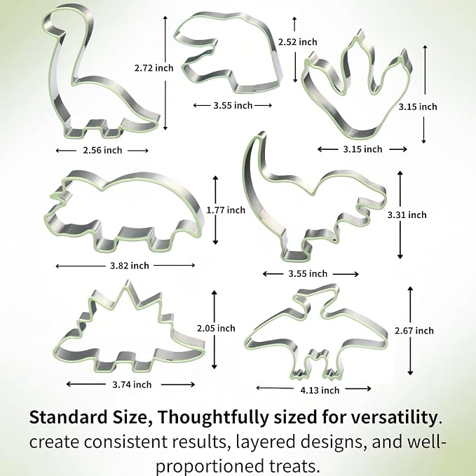 LUBTOSMN 7 Piece Dinosaur Cookie Cutters Set, Silicone Rim Baking Set | Dishwasher-safe stainless steel cutters for cookies, fondant, sandwiches, dinosaur parties and home baking treats