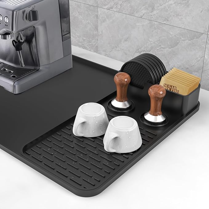 Silicone Coffee Mat with 6 Coasters,24"x16" Counter Bar Mat Fits Under Coffee Maker/Pot & Espresso Machine, Bar Aceessories,Detachable Drying Pad for Tamper,Sugar Packets,Cups & Countertop Protection