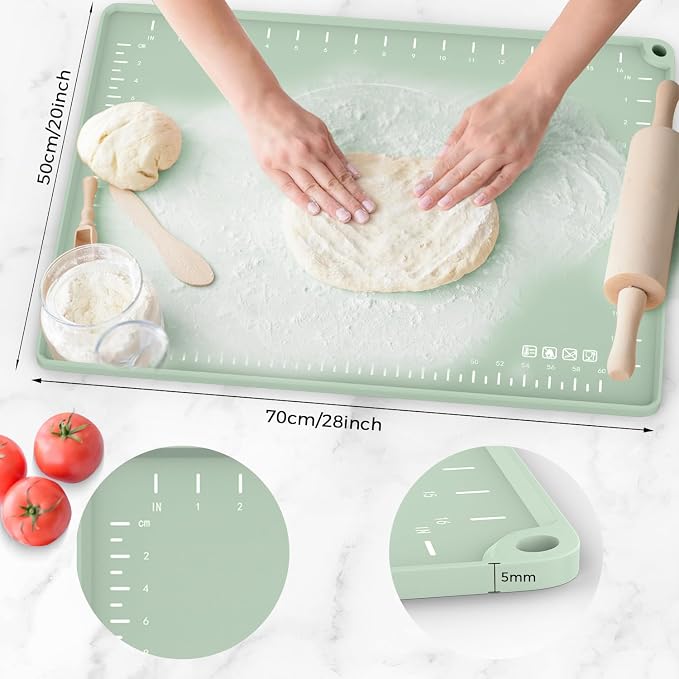 Silicone Baking Mat 28"x20", Extra Thick Dough Rolling Mat | with Measurements and Edge Heightening, Non-stick Food Grade Pastry Mat for Pastry, Bread, Cookies, Pizza, Fondant, Pasta