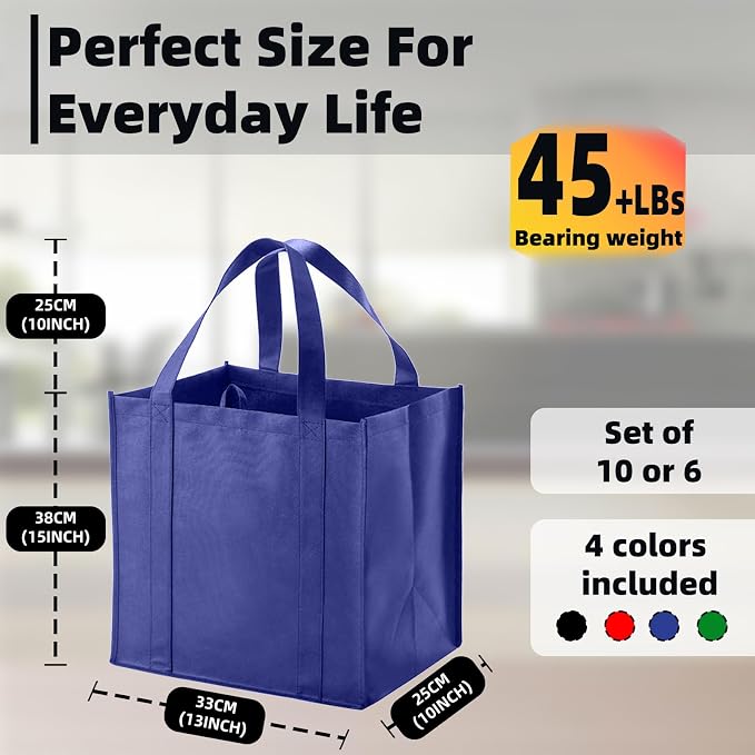 6 pack Reusable Grocery Bags,Thick Bottom-Shopping Bag for Groceries | Heavy Duty Large Shopping Totes,Reusable Bags With Handles ,Foldable,Washable ,Load Capacity Over 45 Pounds