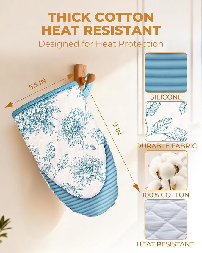 100% Thick Cotton Oven Mitts Ribbed Soft Silicone Blue Floral | Aesthetic Oven Mitts for Women, Machine Washable Non-Slip Kitchen Mitts, Reversible for Both Hands, Stylish Kitchen Decor