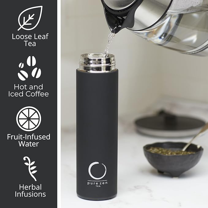 Pure Zen Tea Insulated Tea Infuser Bottle, 15 oz, Tea Thermos with Infuser | Leakproof, Hot and Cold 24 Hrs - for Tea, Coffee and Water, Stainless Steel, Tea Gift Set, Tea Tumbler with Infuser, Blue