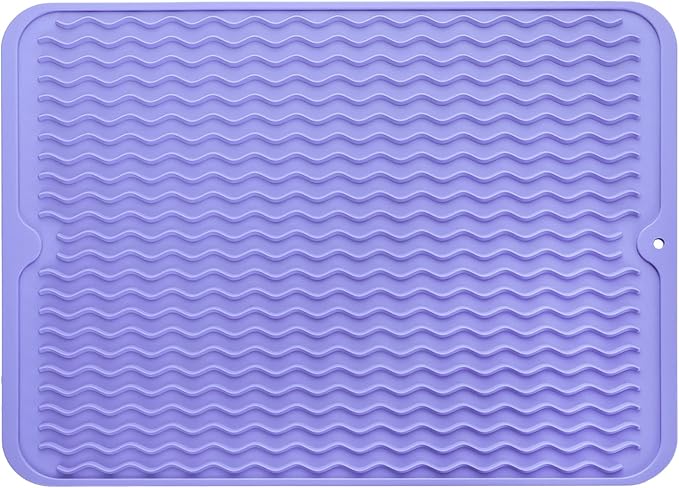 MicoYang Silicone Dish Drying Mat — Quick-Dry Ridges Counter & Sink Pad, Heat-Resistant Trivet to 450°F, Non-Slip & Dishwasher Safe, Roll-Up Storage, 18 Colors & 9 Sizes (Light Purple, 16"×12")