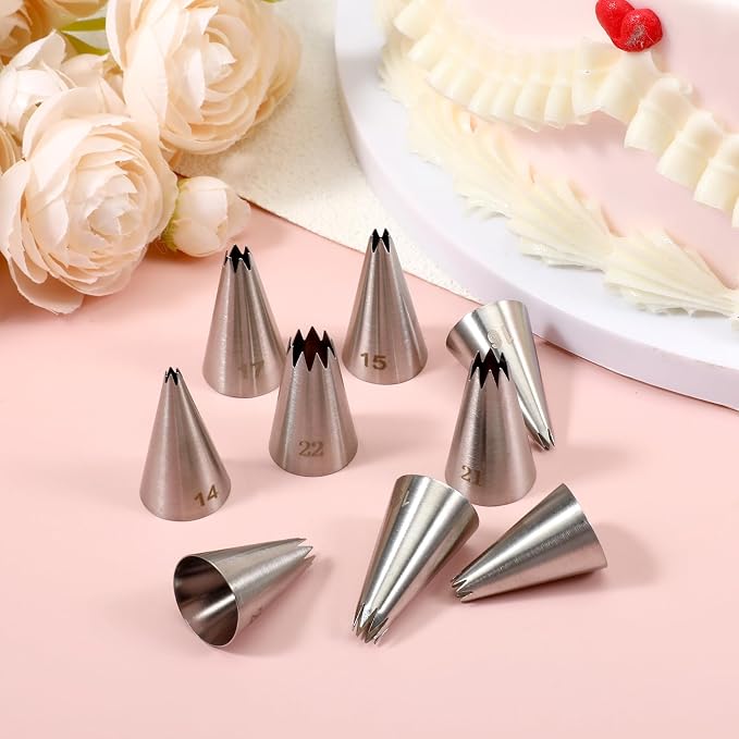 Stainless Steel Star Piping Tips Set, 9 Piece French Star Tube Frosting Nozzle Kit Open Stars Piping Tips Set Pastry Decorating Tip For Cupcakes Cookies Cakes (Small Size)