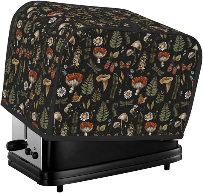 2 Slice Toaster Cover Vintage Mushroom Leaf Forest Dust Proof Washable Kitchen Appliance Cover with Pocket, Oxford Fabric Countertop Toaster Protector for Standard Toasters Small Appliances