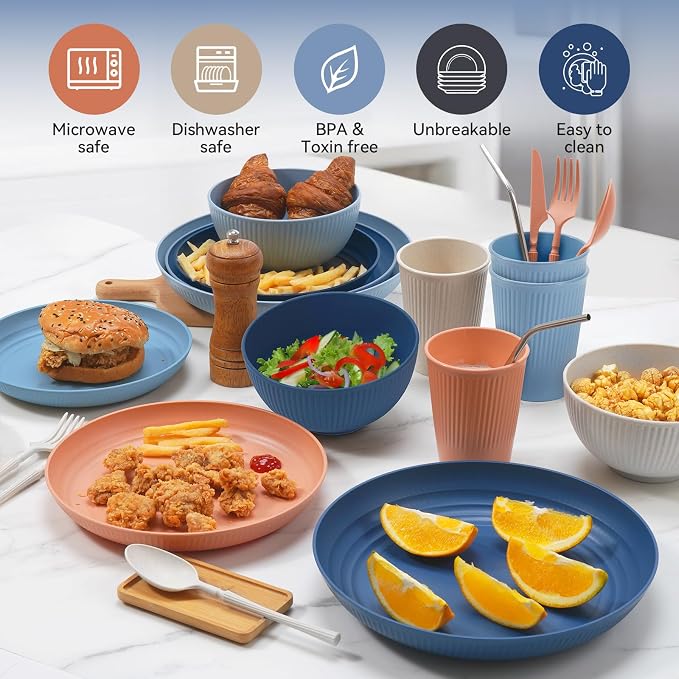 Wheat Straw Dinnerware Sets,64-Piece Black Plates and Bowls Sets for 8-Unbreakable,Reusable Plastic Dish Set-Dinner Plate/Dessert Plate/Cereal Bowl/Cup/Utensils-Microwavable Dishwasher Safe 64P-BLACK