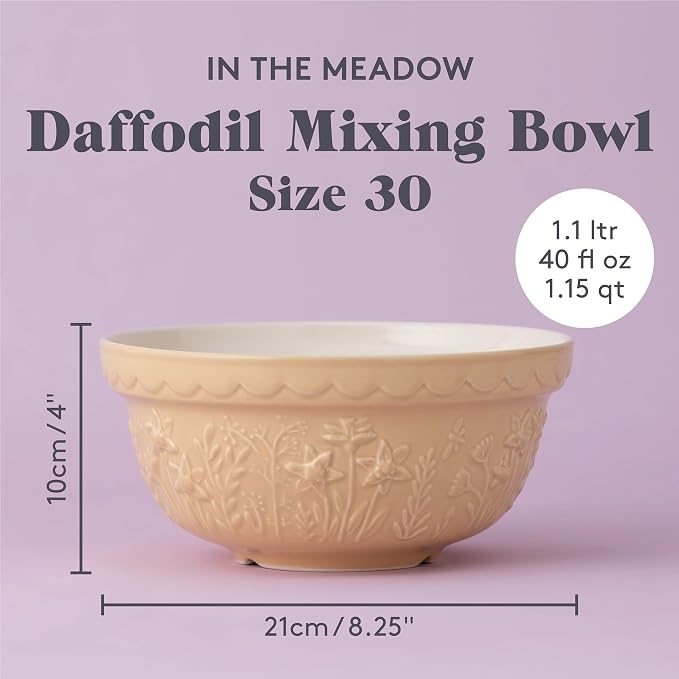 Mason Cash In the Meadow S30 Mixing Bowl, 1.15 Quart Mixing Bowl, Embossed Floral Daffodil Design, Durable Ceramic Bowl for Baking Bread Dough, Cake Batter, Cookies & Kitchen Serving Bowl