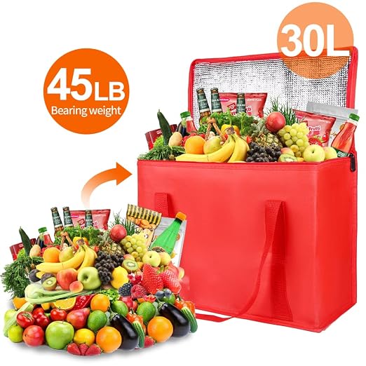 Bodaon 5-Pack Cooler Insulated Food Delivery Bag, X-Large Bags for Grocery/Catering/Shopping, Rideshare Delivery Bag, Thermal Hot Pizza, Large Cold and Frozen Accessories, XL Tote, Red