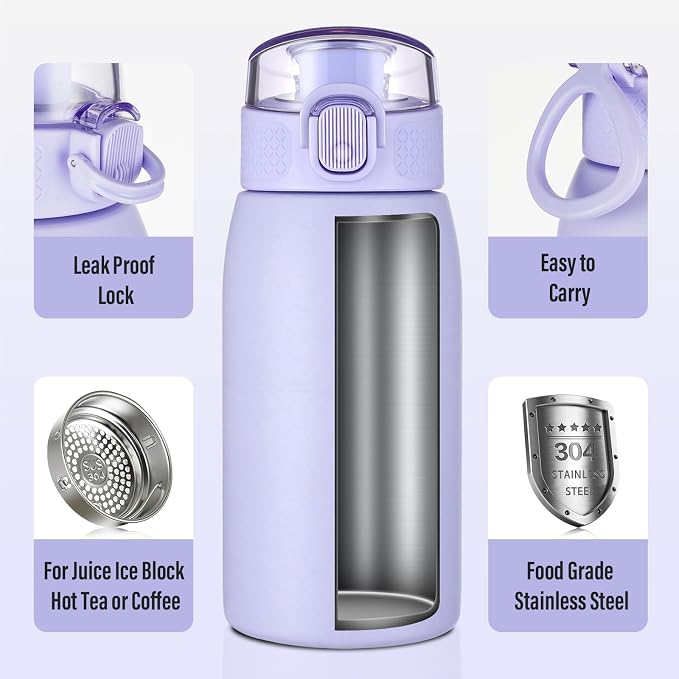 Insulated Water Bottle 12 oz with Dustproof Lid, Carry Handle & Tea Infuser, BPA-Free & Leakproof, Stainless Steel Water Bottles Ideal for Fitness, Hiking, Office & Outdoor Use （Light Purple ）
