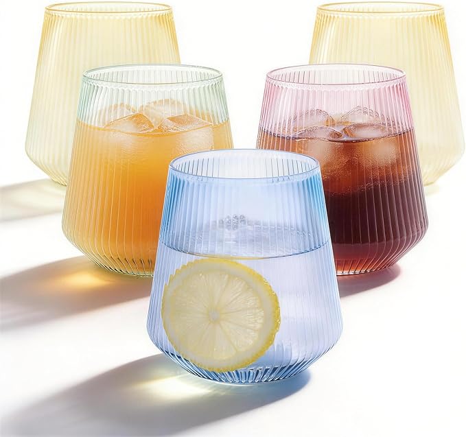 BESTSTAR 36 Pcs 12 oz Plastic Ribbed Wine Glasses,Origami Ripple Glasses | Disposable Champagne Glasses Elegant Whiskey Glasses Ideal for Weddings, Bars, Christmas, Pool Party, Daily Use(Multi-Color)