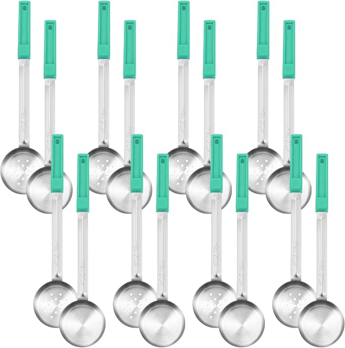 Teenyyou 16 Pcs Portion Control Serving Spoons, Restaurant Measuring Serving Ladle Utensils, Portion Control Slotted Scoops for Weight Loss, Solid and Perforated Scoops(Green,4 oz)