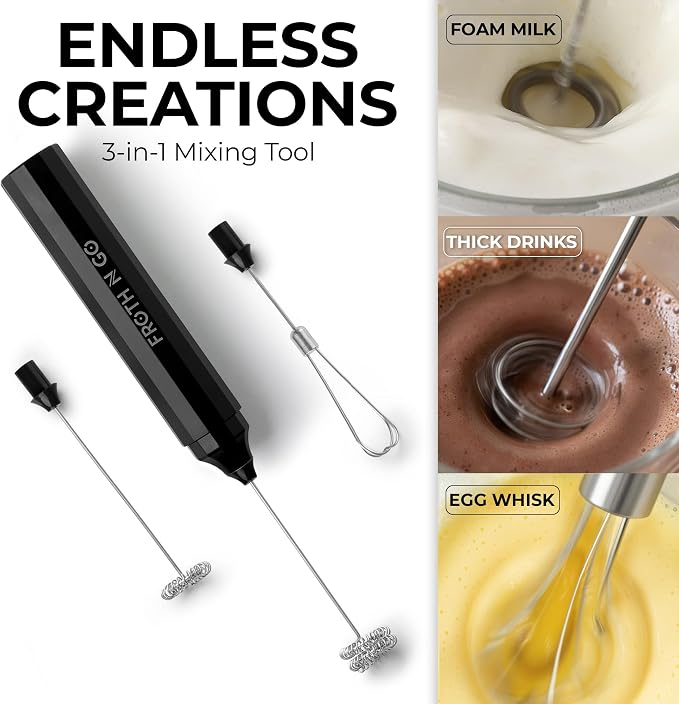 Zulay Rechargeable Milk Frother – 3-in-1 Handheld Frother Wand with Travel Case & USB-C Charger – Single, Double & Egg Whisk for Latte, Cappuccino, Matcha, Protein Shakes - Froth N Go Deep Black