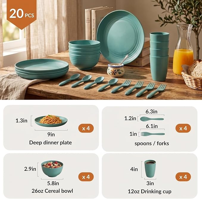 Wheat Straw Dinnerware Sets, Homienly 20pcs Unbreakable Microwave Dishwasher Safe Tableware Lightweight Bowls, Cups, Plates Set Reusable Dinner Plates Bowls set (Green)