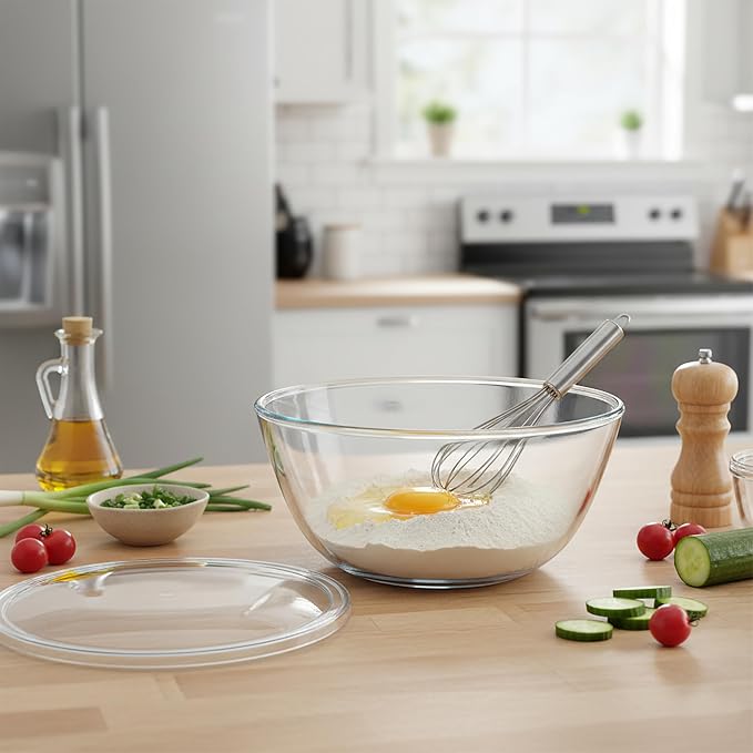 Large Glass Mixing Bowl, 4.7 Quart Large Glass Salad Bowl with Lid (Deep, Wide Design)