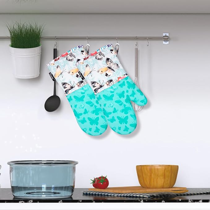 Alselo Oven Mitts 1 Pair, Silicone Printed Kitchen Mittens,7"x13.5" | Heat Resistant & Non-Slip Oven Glove, Fashion Animal Design with Soft Quilted Cotton Lining for Baking Cooking (Turquoise,2)