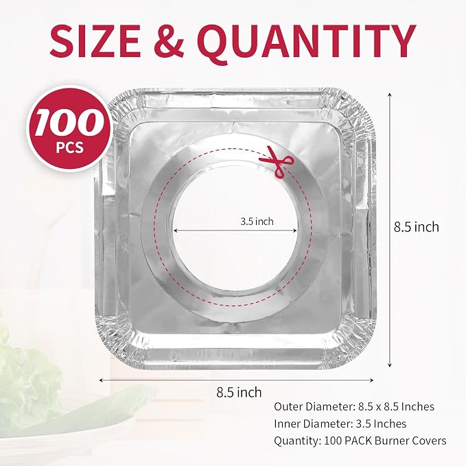 Aluminum Gas Stove Burner Covers -Thicker Foil Square Burner Liners - Disposable Gas Range Protectors, 100 Pack（Outer diameter: 8.5 x 8.5 inch）