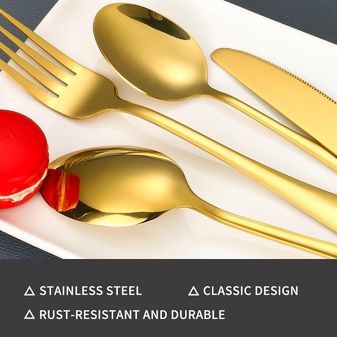 60-Piece Gold Silverware Set with Steak Knives Gold Stainless Steel Flatware Set for 10 Food Grade Tableware Cutlery Set Rust-proof, Mirror Polished, Dishwasher Safe