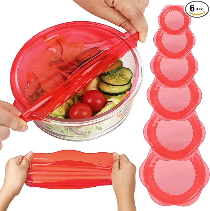 Silicone Stretch Lids for Food Storage in Fridge, Reusable Elastic Bowl Covers for Cup, Cans, Jars, Round & Rectangle Container, Food Grade Silicone Microwave Food Cover, Red, 6PCS