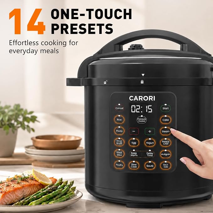 CARORI 8Qt 12-in-1 Electric Pressure Cooker, 1200W, Quick Meals, Time-Saving, Healthy, Easy Cooking Appliance, Slow,Rice,Steamer, Sauté, Yogurt Maker, Warmer & Sterilizer,Safer Venting Design, Black