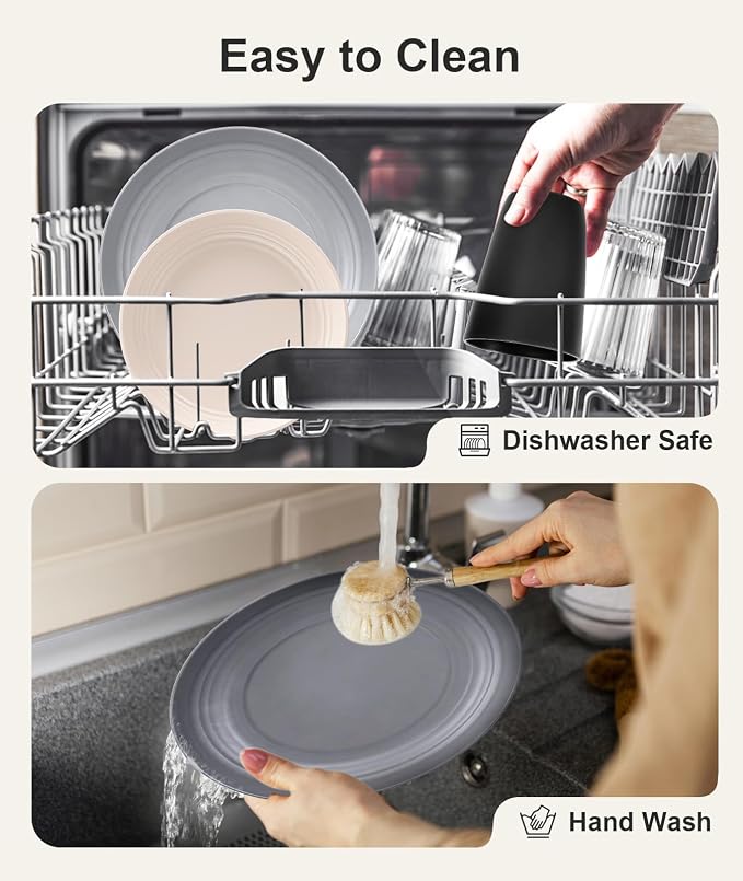 Quatish 16 Pcs Unbreakable Plates and Bowls, Plastic Dinnerware Sets for 4, Reusable Dish Set for Camping, Dishwasher Microwave Safe, Outdoor Kitchen and Apartment Dinning RV Essentials, Grey