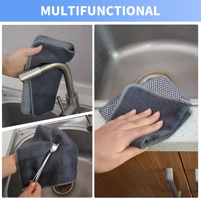Kitchen Dish Washcloths Microfiber Gray with Poly Scour Scrub Side | Absorbent dish cloths for washing dishes with scrubber side Quick dry kitchen wash cloths and dish rags 9 Pack 10 Inch Gray