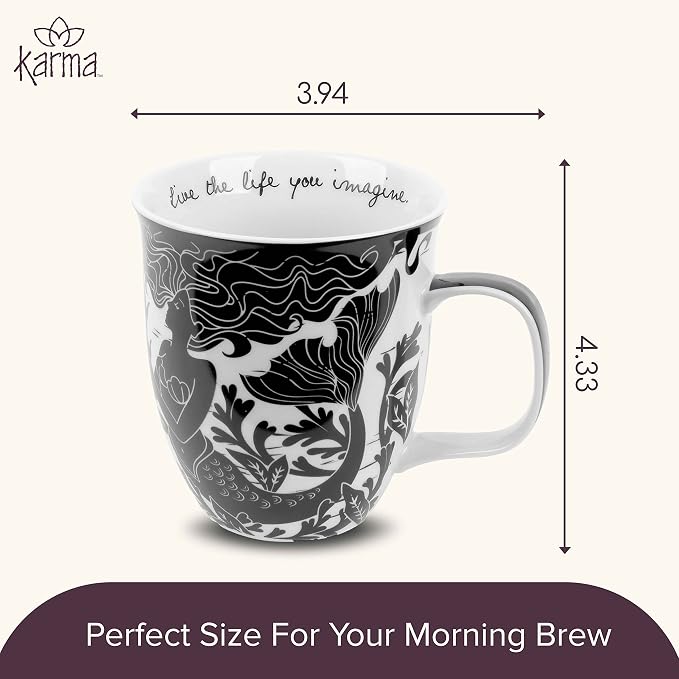 Karma Gifts 14 oz Black and White Boho Mug Mermaid - Cute Coffee and Tea Mug - Ceramic Coffee Mugs for Women and Men