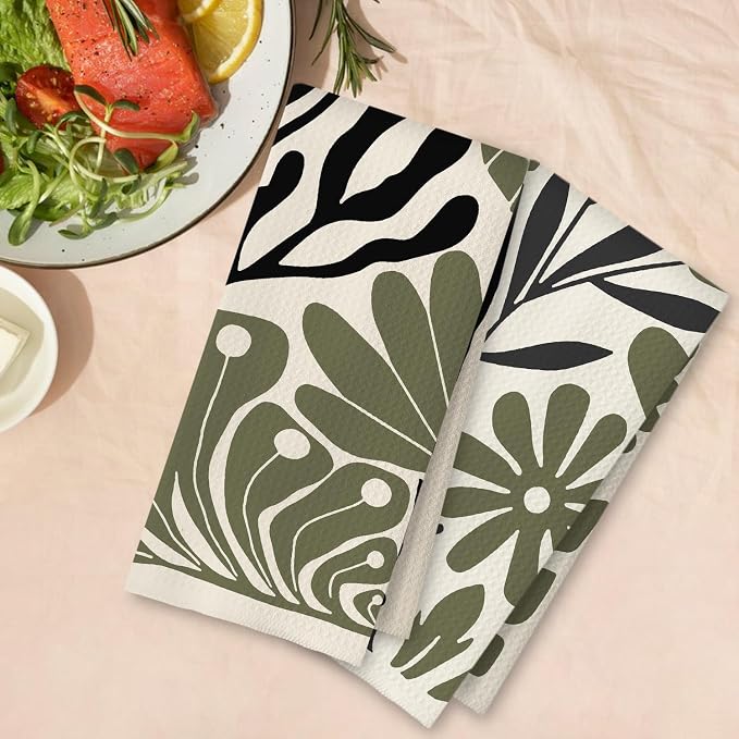 Abstract Green and Black Boho Floral Kitchen Towels Set of 2, 70s Retro Groovy Botanical Dish Tea Towels for Kitchen Decor, Mid Century Modern Hand Towels for Bathroom Decor, 16x24 Inch