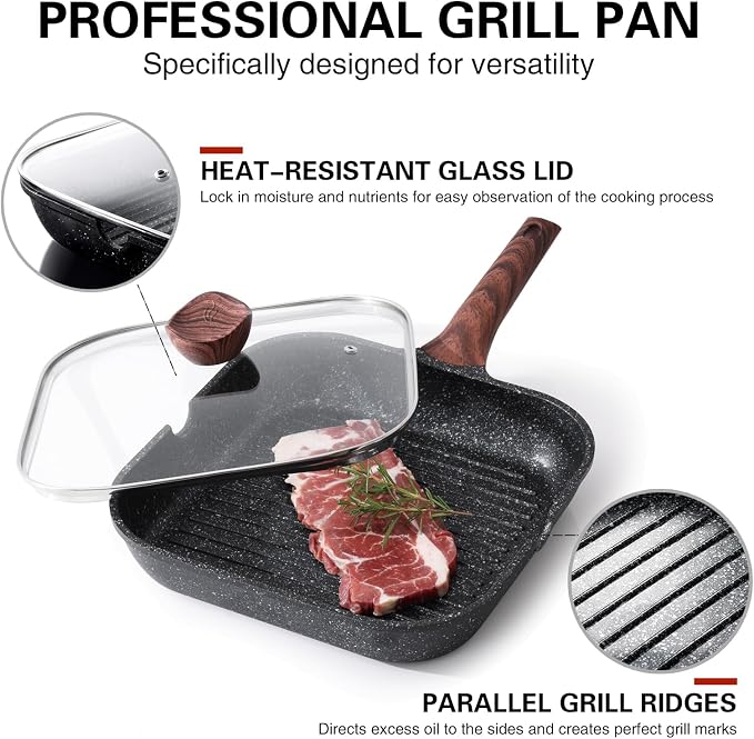 Kordisen Nonstick Grilling Pan with Lid for Stove Tops, 11 Inch Square Grill Pan for Indoor Cooking, Granite Coating Grill Skillet with Pour Spouts, Versatile Griddle, Induction Steak Pan, PFOA Free