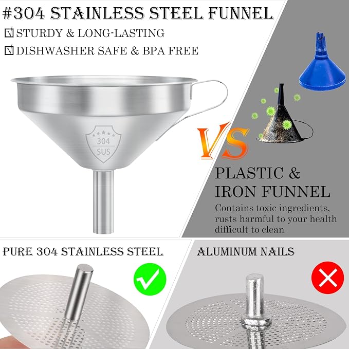 WMKGG 304 Stainless Steel Funnel, 5 Inch Funnels for Kitchen Use Filling Bottles, with 200 Mesh and 100 Mesh Fine Mesh Strainer, for Oils, Juice, Wine, Coffee, Milk, Tea, Powder