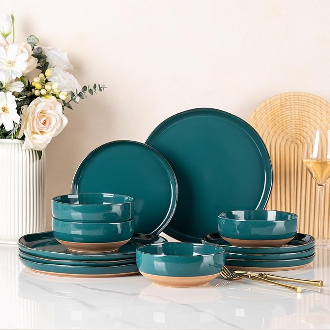 AmorArc Dinnerware Sets for 4, 12 Pieces Ceramic Plates and Bowls Set | Scratch Resistant Stoneware Dishes Set, Dishwasher & Microwave Safe,Deep Green