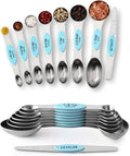 Spring Chef Stainless Steel 8 Magnetic Measuring Spoons, 2 Pack, Aqua Sky | Nesting Metal Teaspoon & Tablespoon Measuring Spoons with Leveler for Dry & Liquid Ingredients, Dual Sided, Dishwasher Safe