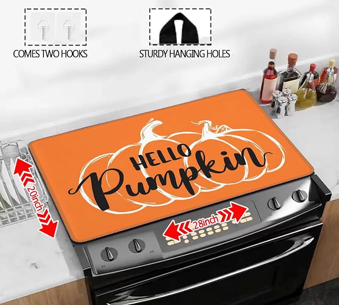 Thanksgiving Stove Top Cover for Electric Stove 28" x 20" Hello Pumpkin Glass Flat Heat-Resistant Top Stove Mat Oven Induction Cooktop Mat for Kitchen Ceramic Countertop