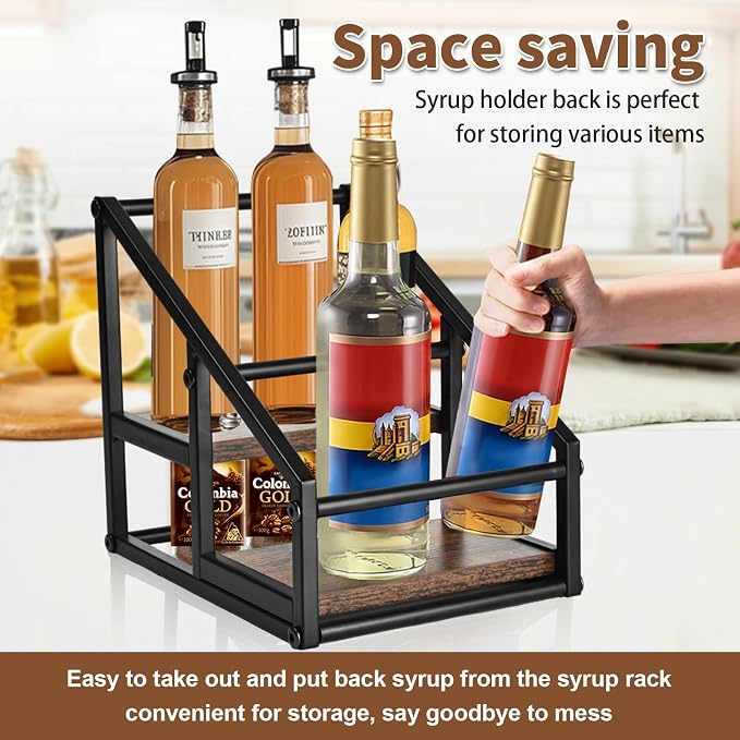 YQBRAO 2-Tier Coffee Syrup Organizer, 4-Bottle Rack, Rustic Brown | Holds 4 bottles in a narrow two-tier footprint for small counters, coffee corners, apartments, and bar carts.