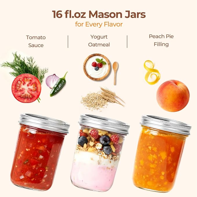ComSaf 16 oz Wide Mouth Mason Jars Bulk Set, 8 Pack Jars with Lids | BPA-Free Materials, Clear Body, Salad Prep, Pickles, Overnight Oats, Honey, Candle Making, Wedding Favors