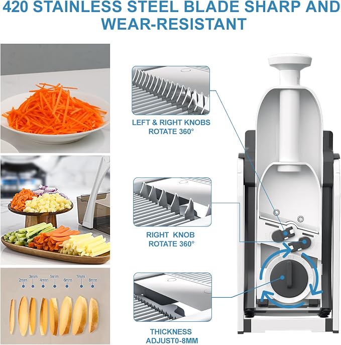 5 in 1 Safe Vegetable Mandoline Slicer for Kitchen, Adjustable Thickness | Safe Mandoline Slicer for Kitchen, Easy to Clean/Storage, Potato Slicing, Strips, Shredding, Dicing, Chop, Cleaning brush