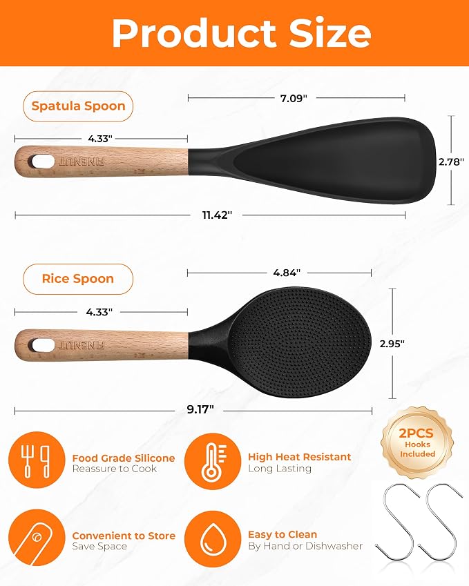 Cooking Spoon Multifunction Spoonula Silicone Spatula Spoon 2-Pack, Dual-Use Heat Resistant 446°F, BPA-Free Non-Toxic Wooden Handle Rice Spoon Set for Non-Stick Cookware & Rice Cookers