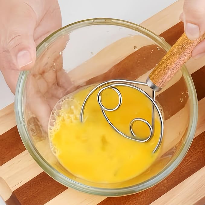 Danish Dough Whisk - Dough Bread Whisk, Sourdough Bread Baking Supplies for Cake Bread Pizza Pastry Biscuits, Wooden Hand Stainless Steel Ring Sourdough Baking Dough Mixer(Acacia Wood)