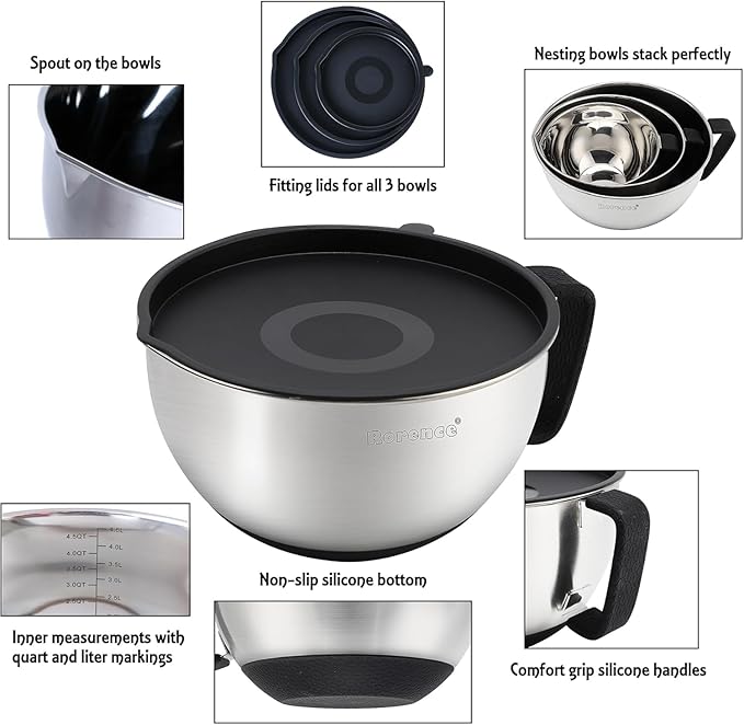Stainless Steel Mixing Bowls Set with Lids,1.5,3 & 5 Qt,Black | Non-Slip Silicone Base,Precision Pour Spout,Ergonomic Easy-Grip Handle,Measurement Marks,Airtight Lids,Cooking & Meal Prep