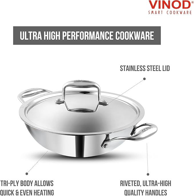 Vinod Platinum Triply Kadai with Lid, Extra Deep, 26cm, for Home Kitchen | Induction And Electric Friendly Stainless Steel Wok; Ideal For Indian Sauces, Stews And Soups