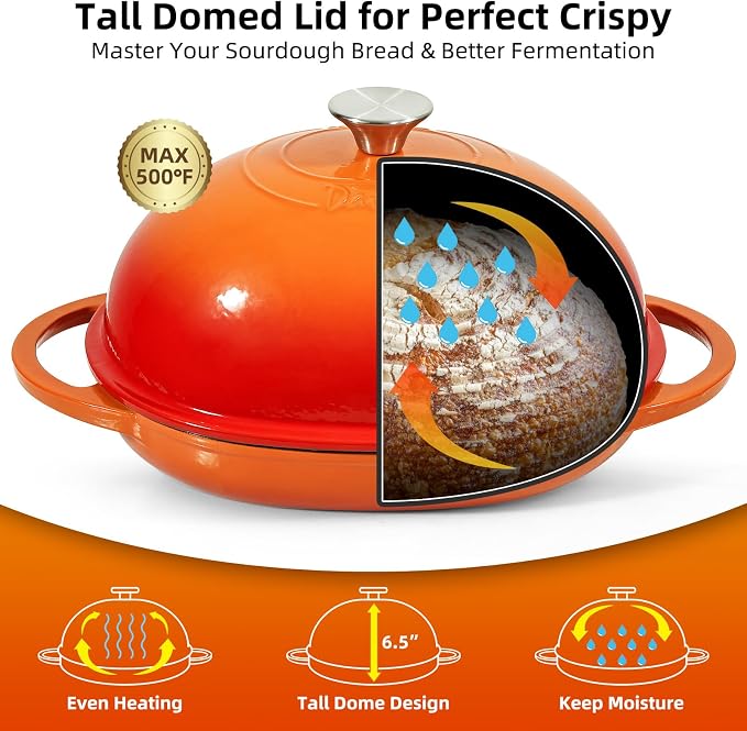 Davivy 11" x 8.7" Oval Bread Oven with Domed Lid, Enameled Oval Dutch Oven Pot for Sourdough Bread Baking 6QT, Non-stick Cast Iron Sourdough Pan Bread Cloche with Lid - Flame Orange