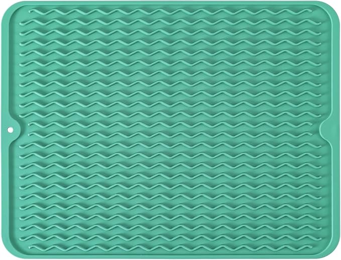 Silicone Dish Drying Mat, Non-Slip Easy Clean Sink Mat, Green, 17" x 14" | Quick-Dry Ridges, Large Heat-resistant Dish Drainer Mat for Kitchen Counter, Hangable & Roll-Up for Storage, Dishwasher Safe