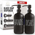 Black Glass Soap Dispenser, Matte Black Pump, 16 oz | Black Glass, Matte Black Stainless Steel Pump, Bathroom and Kitchen Sink use, 6 Waterproof Labels (Pack of 2)