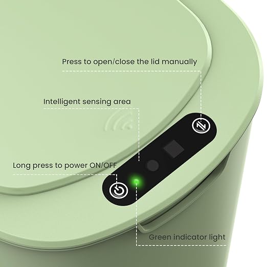 Cesun 5 Gallon Automatic Bathroom Trash Can with Lid, Green, Touchless | Motion Sensor, Slim, Small Smart Garbage Bin, Plastic, Battery Operated, Manual Button, for Office/RV/Bedroom/Living Room