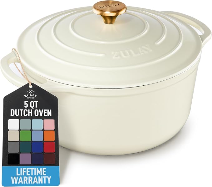 Zulay Kitchen 5 Quart Enameled Cast Iron Dutch Oven Pot with Lid – Premium Durability & Oven Safe up to 500°F – Heavy Duty Cookware Perfect for Bread Baking, Stews, Braising & Roasting – Ivory