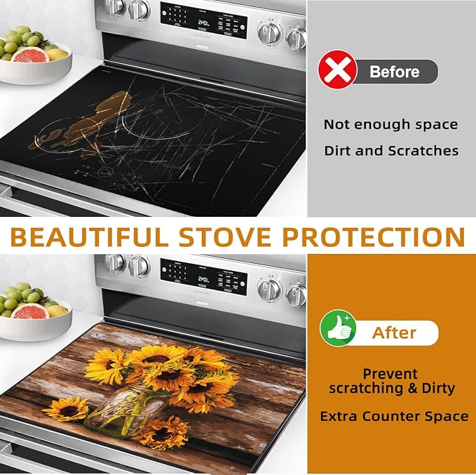 Vase of Sunflowers Electric Stove Top Cover Protector,Vintage Floral Plant Stove Top Covers for Gas Burners,Cooktop Mat for Ceramic Glass Cooktop Protector,Glass Top Stove Cover