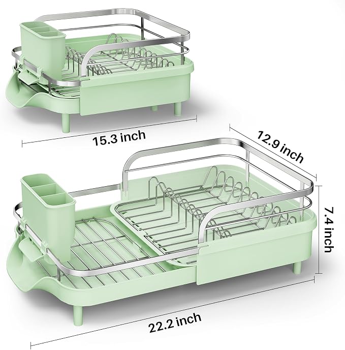 SAYZH Expandable Dish Drying Rack for Small Kitchen Counter, Green | Stainless Steel, Protective Guardrail, Angled Drainboard, Fits High-Rim Sinks, Removable Utensil Holder
