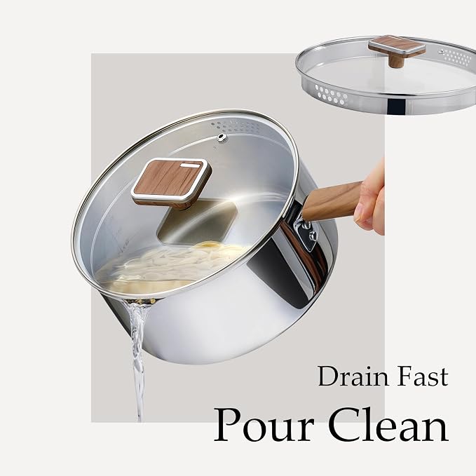 CAROTE1.5Qt & 3Qt Stainless Steel Saucepan Set, Triple Ply Stainless Steel Pot, Saucepan with Glass Lid, Small Sauce Pot with Wooden Handle, Easy Pour Rim