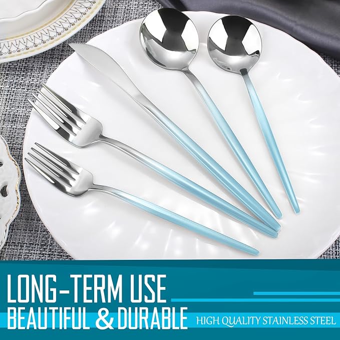 VANVRO Gradient Blue Silverware Set, 20 Piece Stainless Steel Flatware Set, Kitchen Utensil Set include Knife/Fork/Spoon,Cutlery Service for 4,Mirror Polished