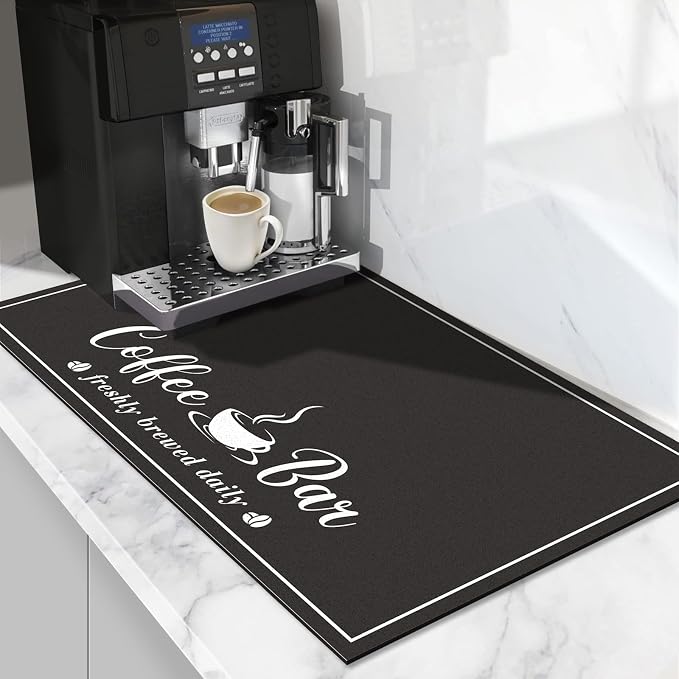 CooRug Fashion Coffee Mat, Dish Drying Mat 16" x 24" Black | Hide Stain, Absorbent, Coffee Bar Accessories, Heat Resistant, Non-slip, Eco-friendly, Easy to Clean